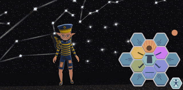 a cartoon character is standing in front of a constellation and a hex grid