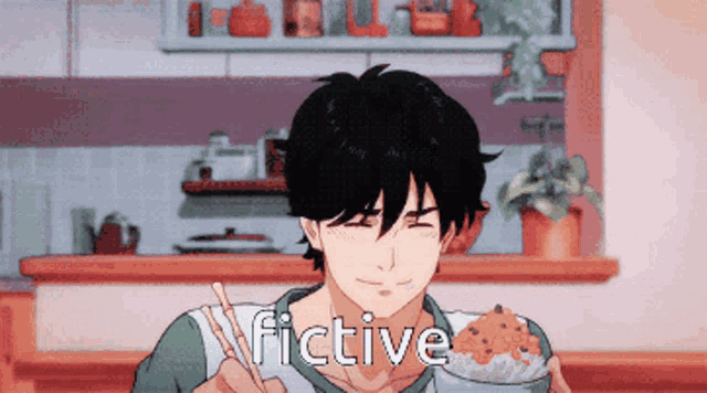 a man is eating a bowl of food with chopsticks and the word fictive is on the bottom of the picture