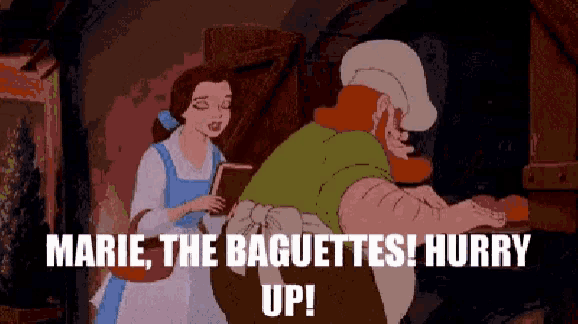 a cartoon scene from beauty and the beast with marie the baguettes hurry up