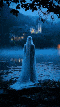a woman in a long blue dress is standing in front of a castle