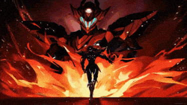 a painting of a robot with a red background
