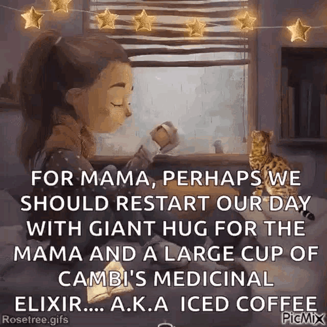 a girl is sitting in front of a window holding a cup of coffee with a cat .