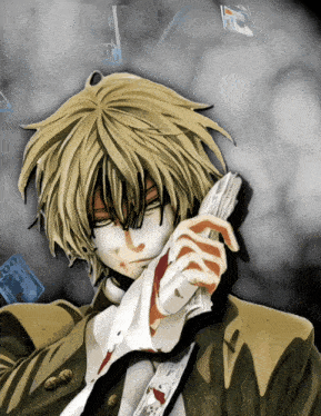 a man in a suit is holding a gun and a stack of money that says 500 on it