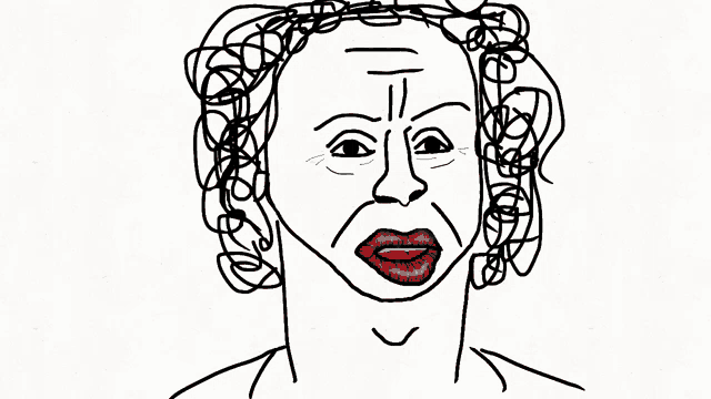 a black and white drawing of a woman with red lips and curly hair