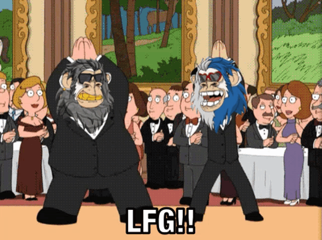 two cartoon characters are dancing in front of a crowd and the words lfg are on the bottom