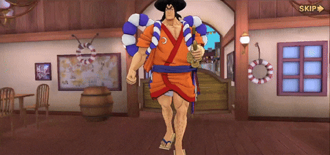 a man in a kimono holding a sword in a room with a skip button