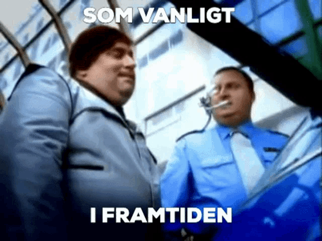 two men standing next to each other with som vanligt i framtiden written on the bottom right