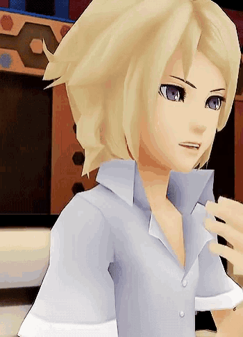 a cartoon character with blonde hair and blue eyes is wearing a blue shirt