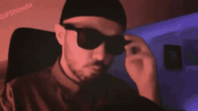a cartoon of a man wearing sunglasses and a hat with a purple background that says earshini
