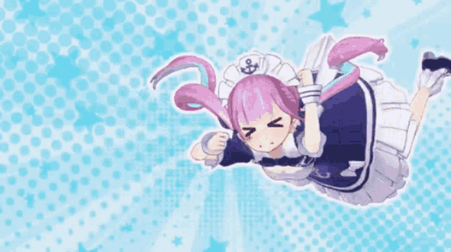 a girl with pink hair and a maid outfit is laying on her back