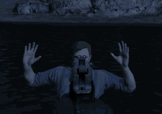 a man holding a gun with flames coming out of it 's mouth