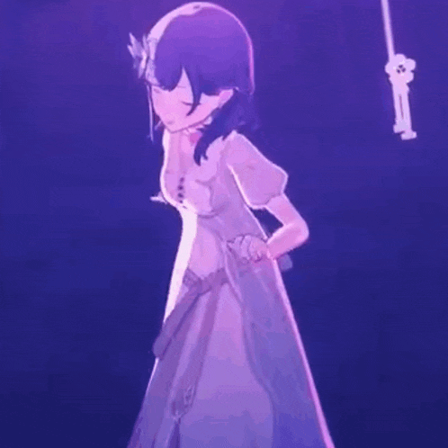 a girl in a purple dress is standing in the dark holding a sword .