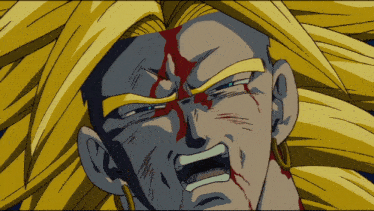 a close up of a cartoon character with blood coming out of his mouth