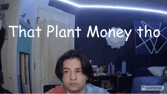 a man in a bedroom with the words " that plant money tho " above him