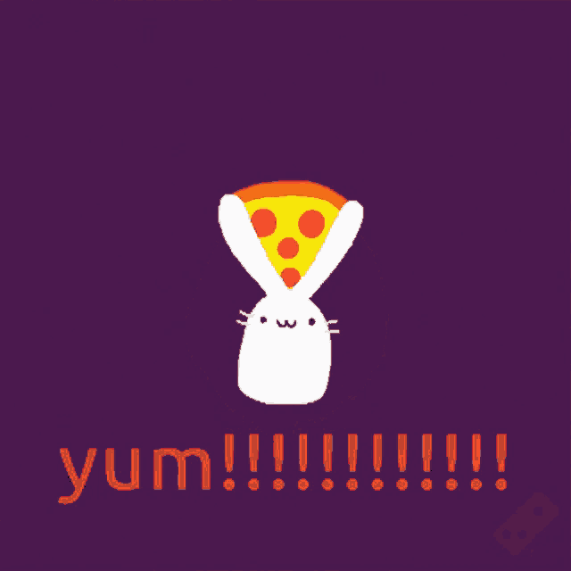 a pizza with a slice missing and the words yum written below it