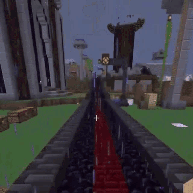 a purple minecraft character is walking down a red brick path .