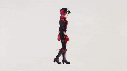 a drawing of a woman in a black and red suit walking on a white background