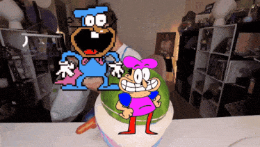 a cartoon character is standing next to a cartoon character on a cake