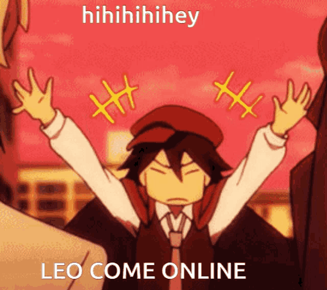 a cartoon character with his arms in the air and the words leo come online below him