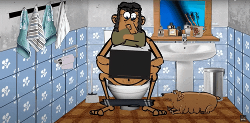 a cartoon of a man on a toilet with a laptop on his lap