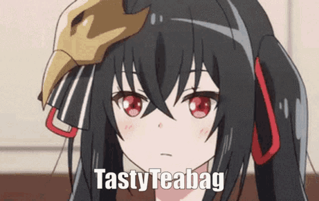 a girl with a mask on her head and the words tasty teabag on the bottom