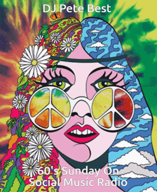 a colorful drawing of a woman with a peace sign on her face