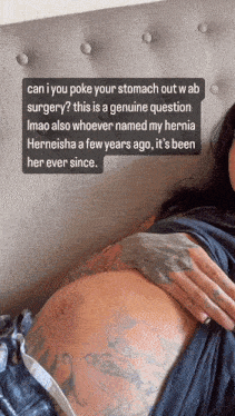 a woman with tattoos on her stomach is laying on a couch with a question about hernia surgery