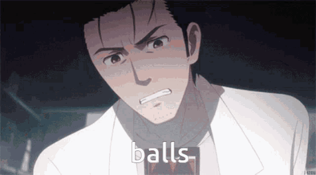 a man in a white coat is looking at the camera with the word balls above him