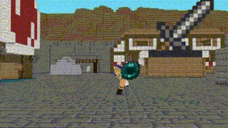 a person in a blue shirt is holding a sword in a video game .