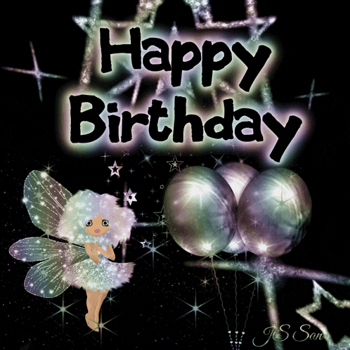 a birthday card with a fairy and balloons and the words happy birthday