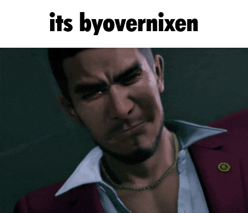 a man in a red suit is crying with the words its byovernixen behind him