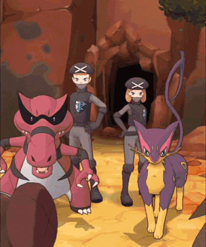 a group of cartoon characters are standing in front of a cave with x 's on their hats