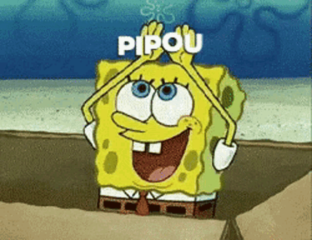 a cartoon of spongebob saying pipou with his hands