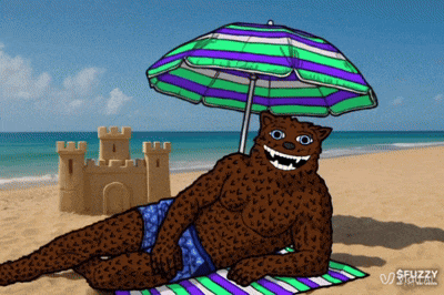 a cartoon of a leopard laying on a beach under an umbrella
