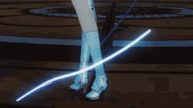 a close up of a person 's legs in a video game with a sword .