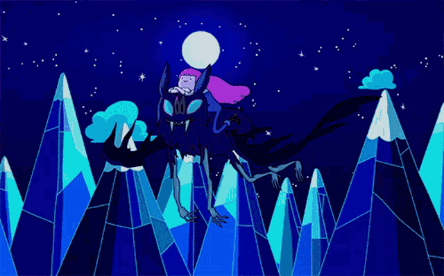 a cartoon of a girl riding a bat on a mountain