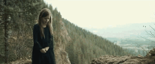 a little girl in a black dress is standing on top of a rocky hill .
