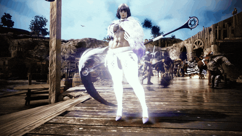 a woman is standing on a wooden dock holding a sword