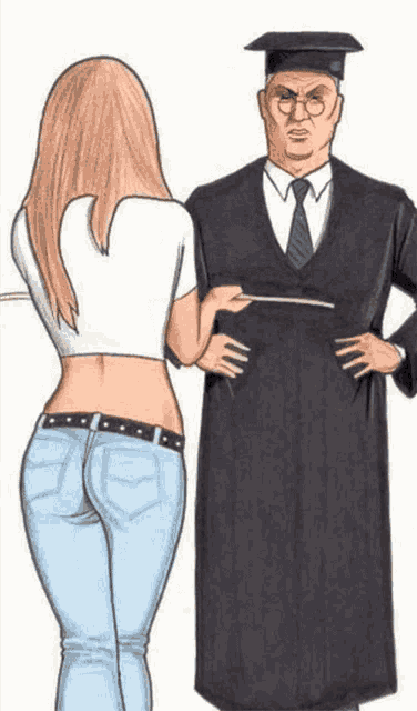 a drawing of a man in a graduation cap and gown standing next to a woman