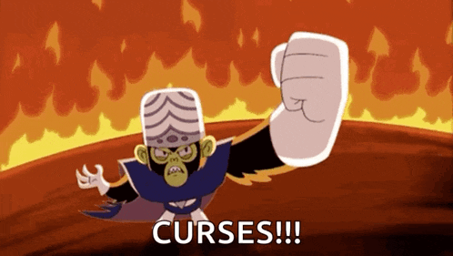 a cartoon character says curses in front of fire