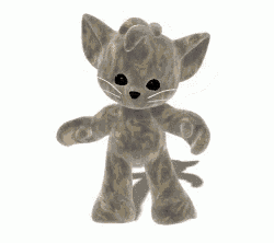 a stuffed cat with black eyes is standing on a white surface