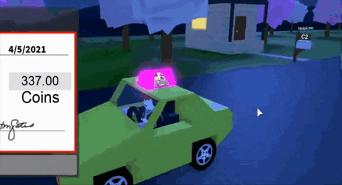 a green car in a video game with a receipt for 330.00 coins