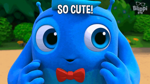 a blue cartoon character wearing a red bow tie and a hat says so cute