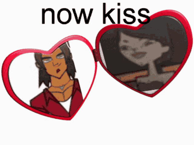 a heart shaped mirror with a picture of a man and a woman and the words now kiss on it