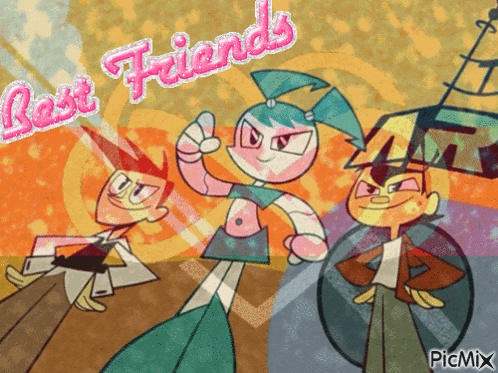 a picture of three cartoon characters with the words best friends written in pink