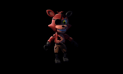 a red teddy bear with a green eye is standing in a dark room with a black background