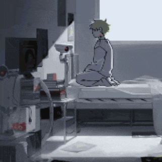 a pixel art of a person sitting on a bed in a room