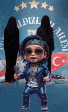 a cartoon character holding a microphone in front of a sign that says ildizli ailes