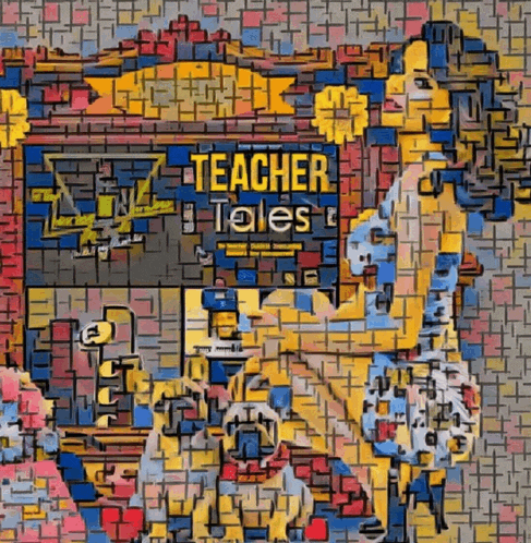 a painting of a woman sitting in front of a sign that says ' teacher tales '