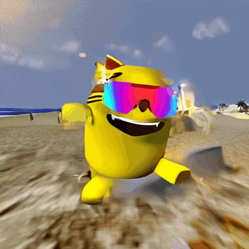 a yellow cartoon character wearing sunglasses is running on a sandy beach